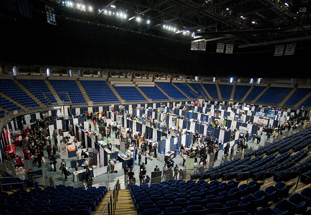 Photo of students and employers during a prior Fall Career Days